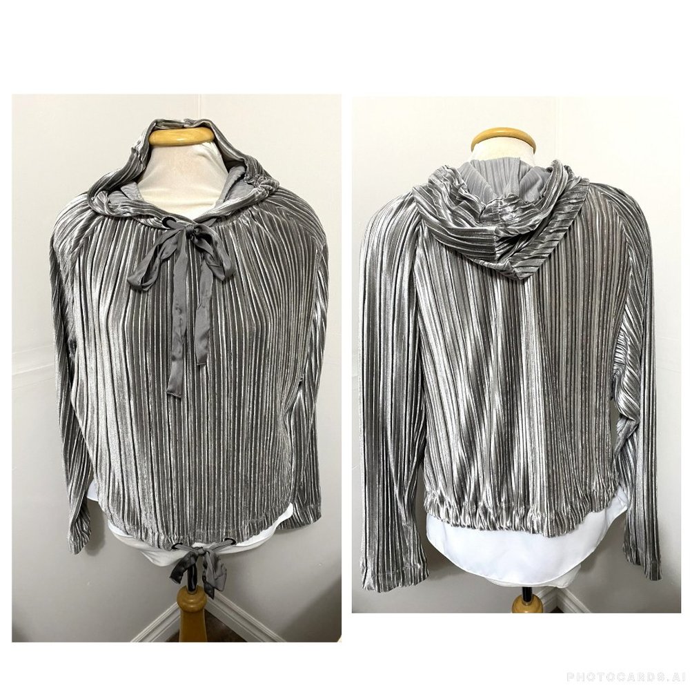 Rachel Roy Hooded Crop Sweatshirt Size Small Silver Velour Velvet Pullover